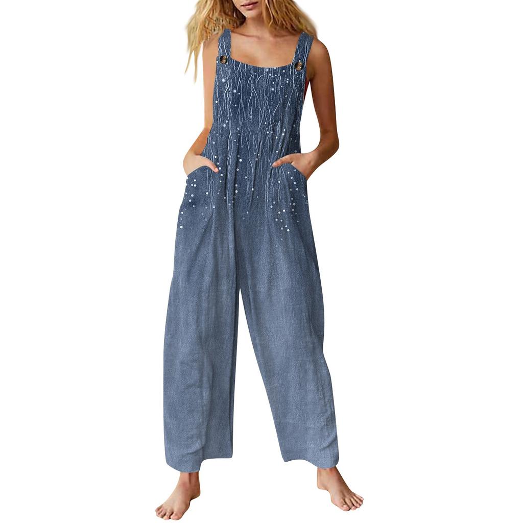 Women's Casual Jumpsuit, Sleeveless Printed Cotton Jumpsuit