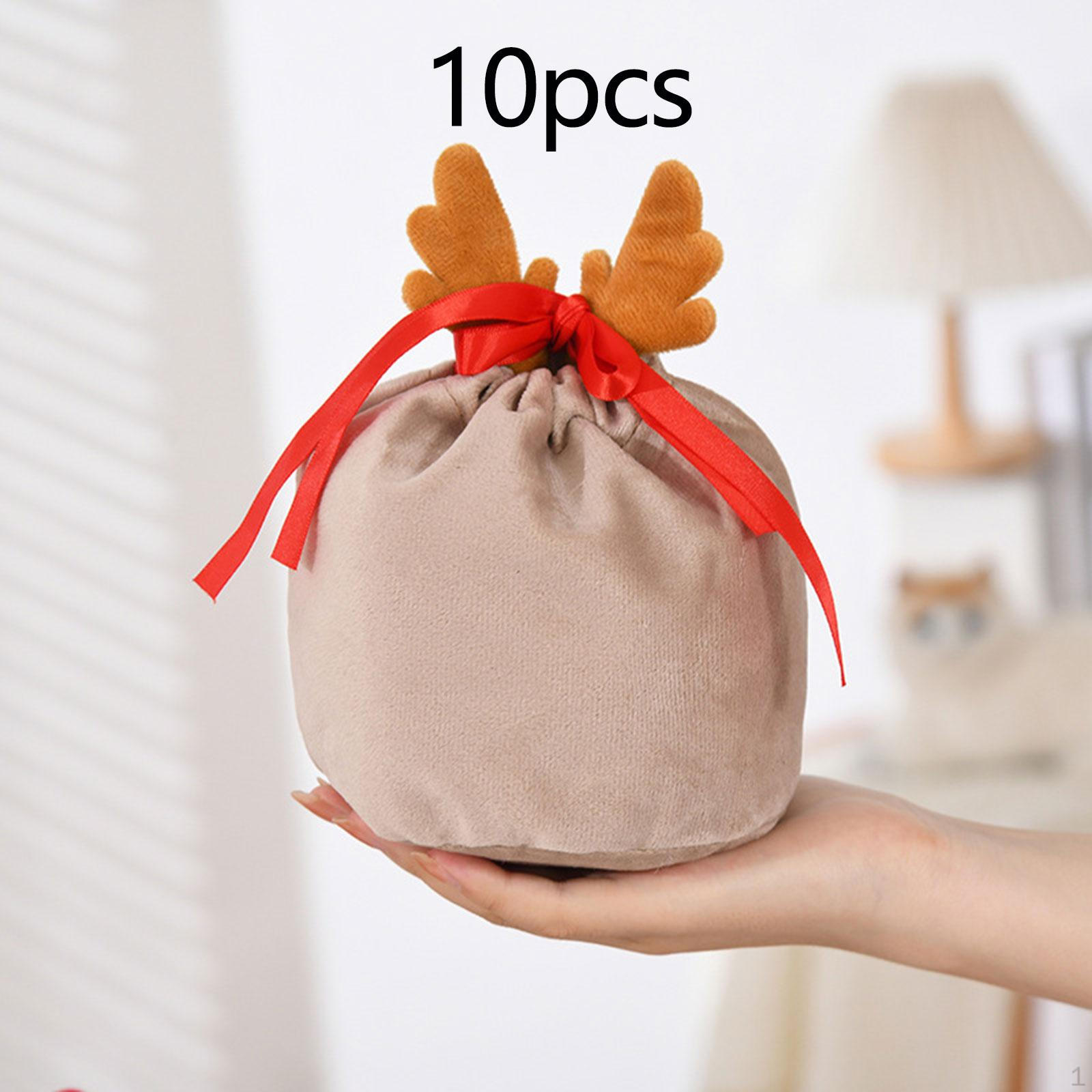 

10 Pieces Christmas Bag Drawstring Gift Pouch Santa Sack Treat Candy Storage Cloth Material Brown Antlers