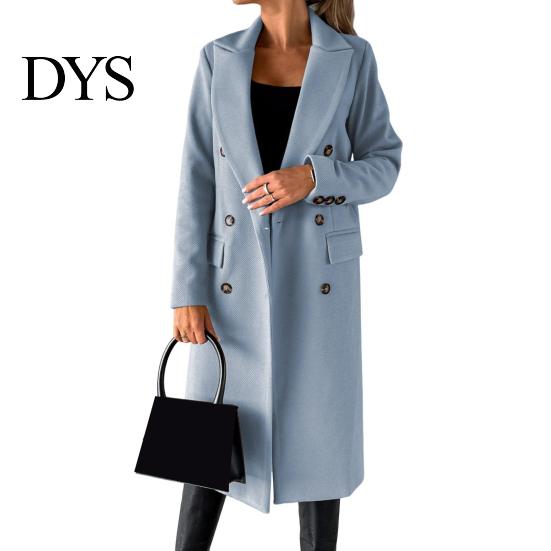 Lapel Collar Coat Women Woolen Jacket Turn-down Solid Color Double-breasted Mid Daily Wear Length Thermal Long Sleeved Commuting Dating Spring