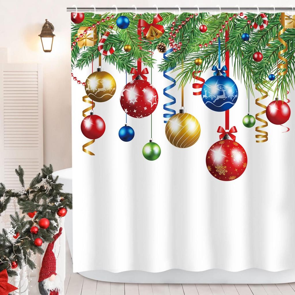 Snowman Cartoon Christmas Winter Shower Curtain Merry Christmas Red Bird Snowy Pine Bathroom Decor Polyester Bathtub Curtain