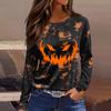 Women's Long Sleeve Halloween Print Top with Round Neck and Side Slit Hem