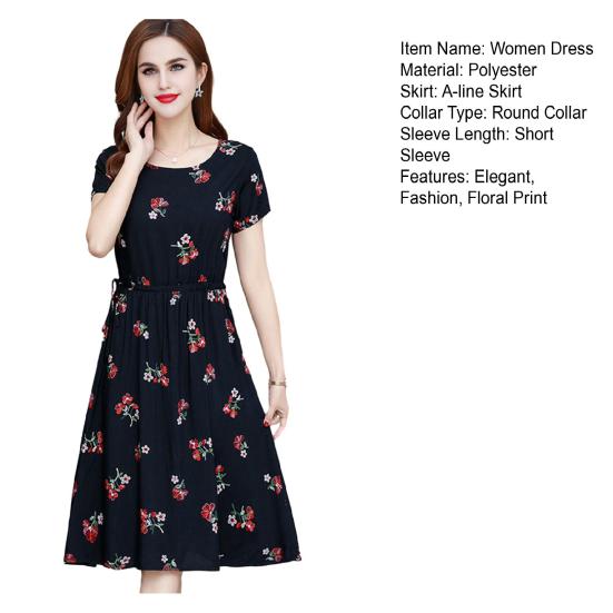 Dámské letní šaty s květinovým potiskem Boho šaty s krátkým rukávem a kulatým výstřihem Midi šaty se stahovací šňůrkou v pase Volné áčkové plážové šaty