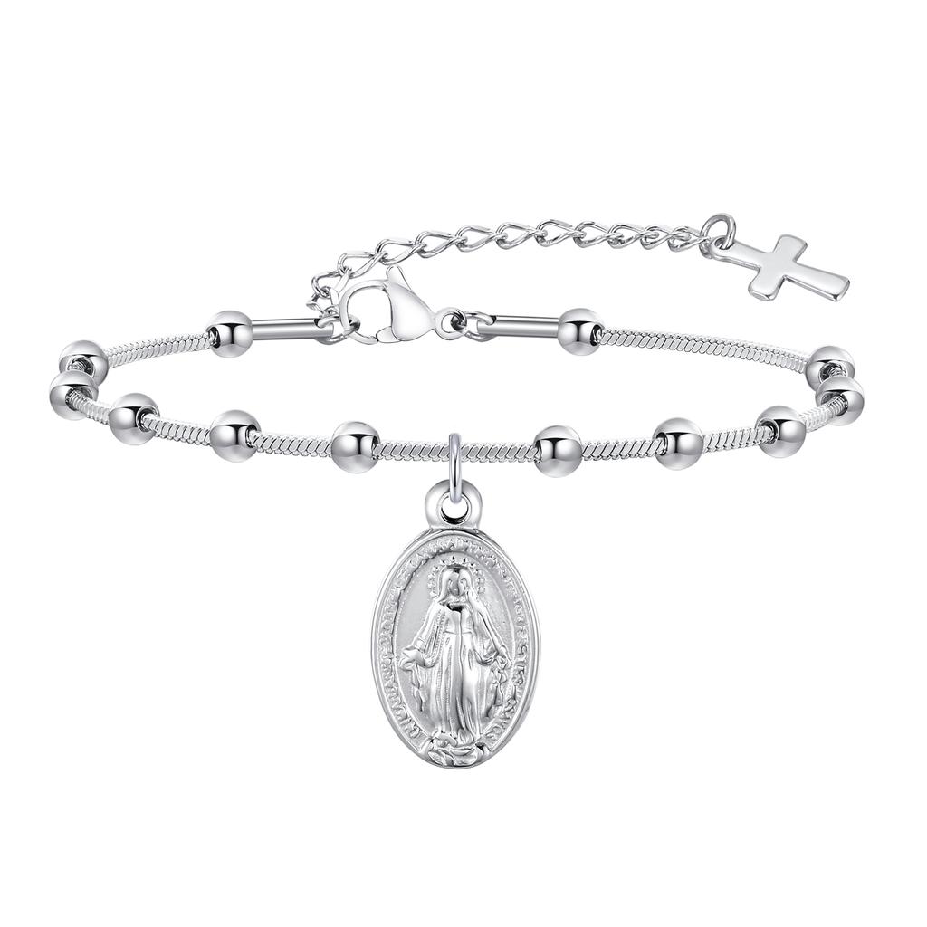 Edelstahl Jungfrau Maria St. Benedikt Kreuz Armband, Perlenkette Armband Damen Religiöser Schmuck