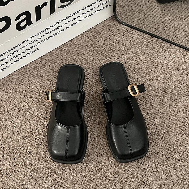 2024 Square Head Korean Version Belt Buckle Empty Single Shoes Sandals Spring New Lazy Slippers Fashion Bag Head Half Slippers