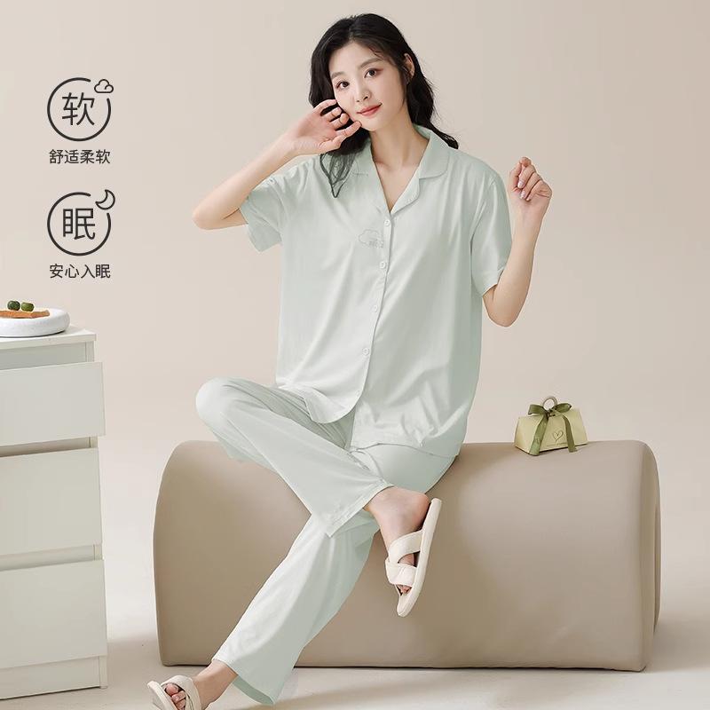 Three-piece Pajamas Women's Summer Lyocell Cotton Short-sleeved Cardigan Women's Summer Cool Tencel Loungewear Set