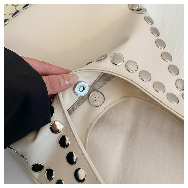 Trendy Retro One-Shoulder Rivet Bag with Textured Design