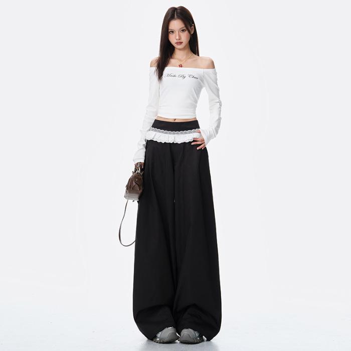 

Women s Black Lace Trim Wide-Leg Suit Pants - Spring 2026 Slim, Casual, and Flattering Long Trousers Small