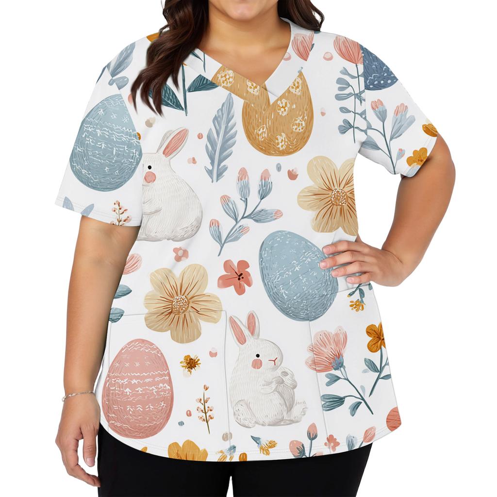 Women's Fashionable V-neck Short-sleeved Work Top With Double Side Slits And Pockets, Featuring Easter Bunny And Egg Prints.