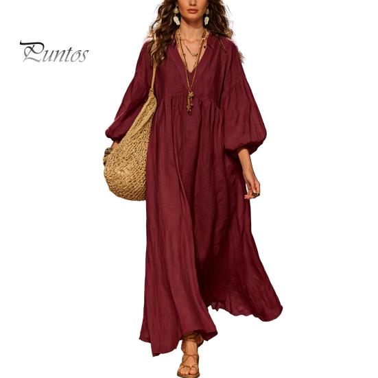 Mid-length Dress Women's Deep V Neck Maxi Dress, Puff 3/4 Sleeve Party Casual A-Line Flowy Loose Boho Beach Sundress Soft Fabric