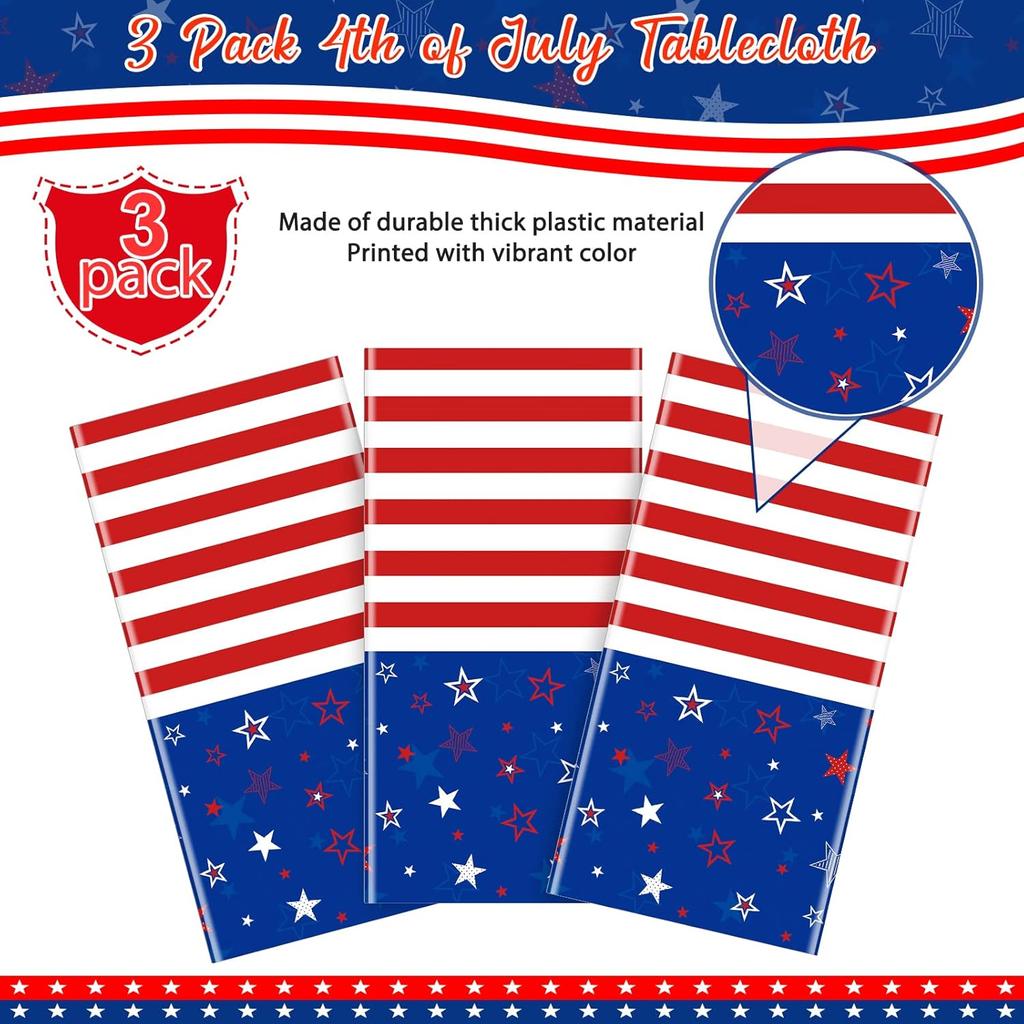 3Pcs Patriotic Tablecloths for 4th of July Decorations,Red White Blue Star Plastic Disposable Table Cover for Fourth of July Memorial Patriotic Day