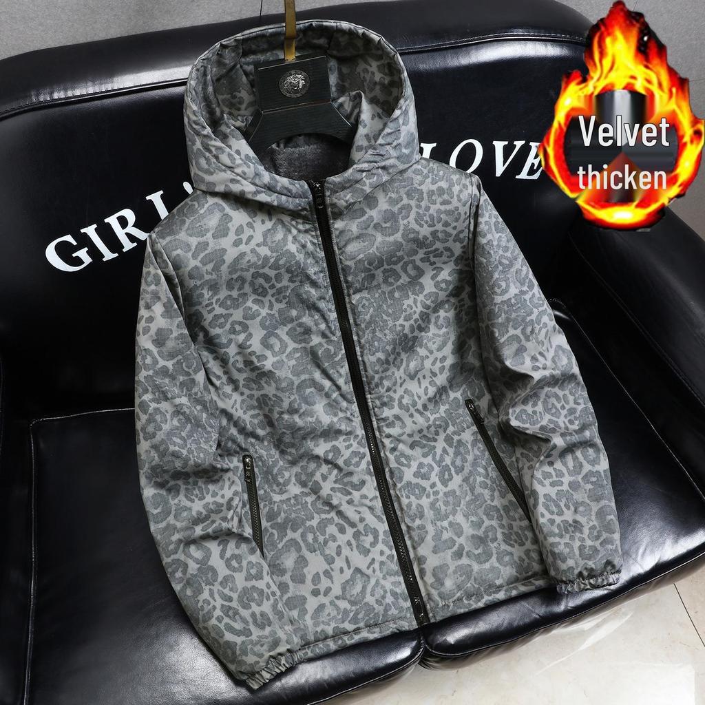 Men's Trendy Camouflage Leopard Print Jacket – Autumn/Winter Velvety Thick Cotton Windbreaker