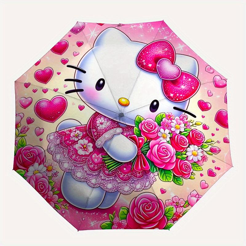 Hello Kitty,Flowers Automatic Folding Umbrella-Simple 8-Rib Design, Bright Cartoon Pattern, Durable Iron Frame, Suitable For Travel, Outdoor