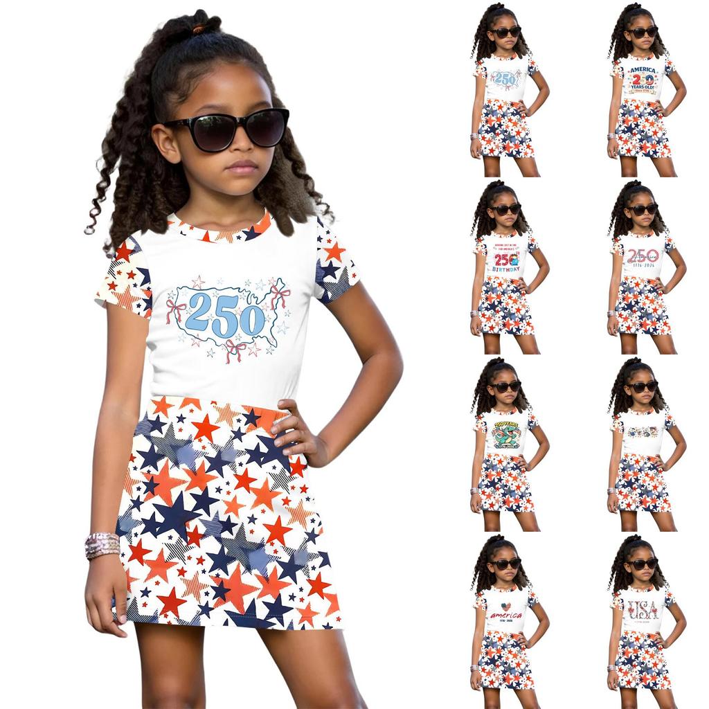 Girls Casual Two Piece Set Short Sleeve Crew Neck Top with Star Pattern Skirt Lightweight Summer Outfit for Kids