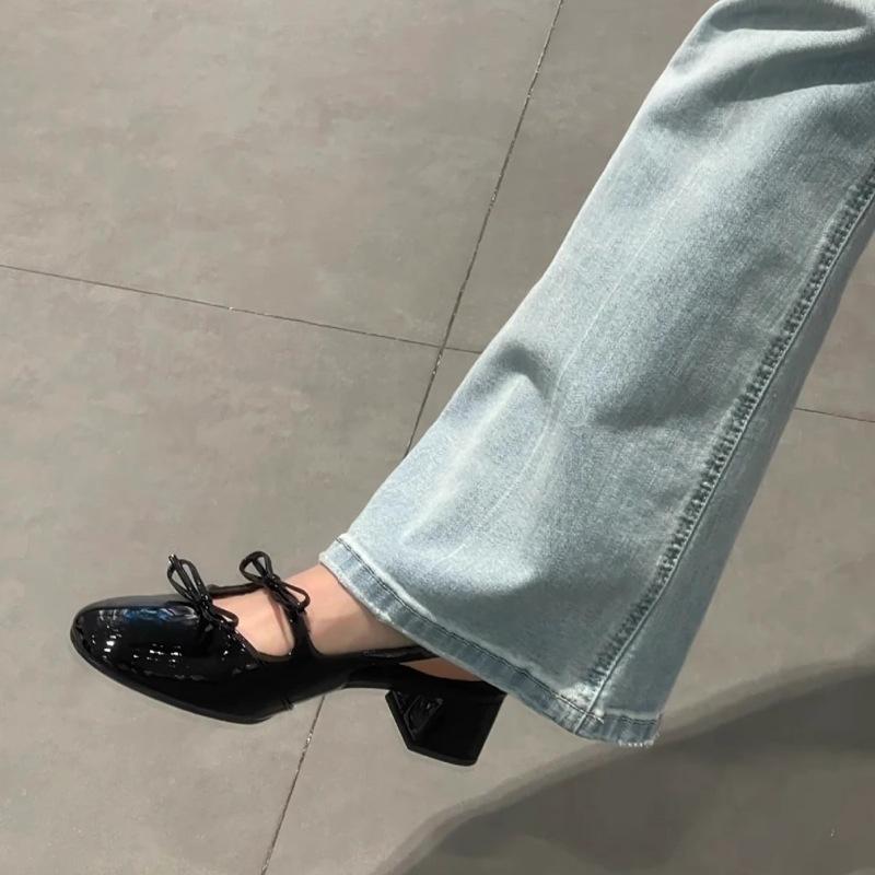 

Туфли балетки с бантом, круглый носок, толстый каблук, Мэри Джейн, одинарные туфли, женские сандалии с открытым носком 39 чёрный