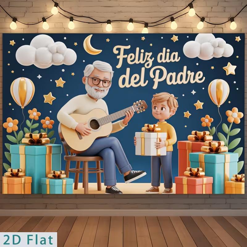 2D Feliz Dia del Padre Backdrop, Spanish Father s Day Guitar Party Photo Background Banner 47.2x31.5inch/120*80cm