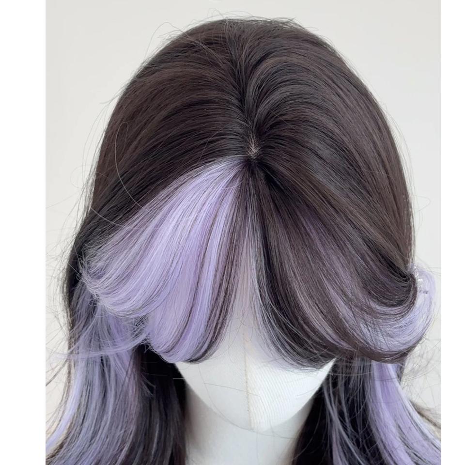 Black Blue Highlights Synthetic Short Wavy Women Wig Fluffy Lolita Cosplay Heat Resistant Wig with Bangs for Daily Party