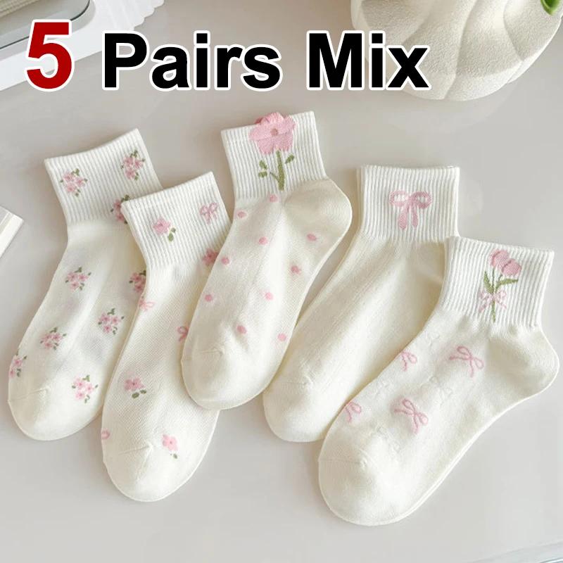 

5/10 Pairs Women Bow Print Mid Tube Socks Spring Summer Sweat Absorbing Breathable Sweet Styles Flower Pattern Casual Socks One Size