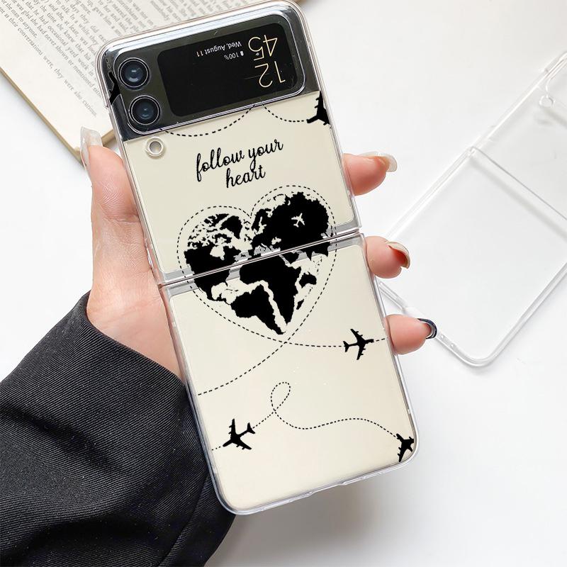 

Phone Case For Samsung Galaxy Z Flip 3 4 5 Hard Folding Clear PC Cartoon World map scenery direction For Samsung Z Flip 6 Cover Samsung Z Flip 5