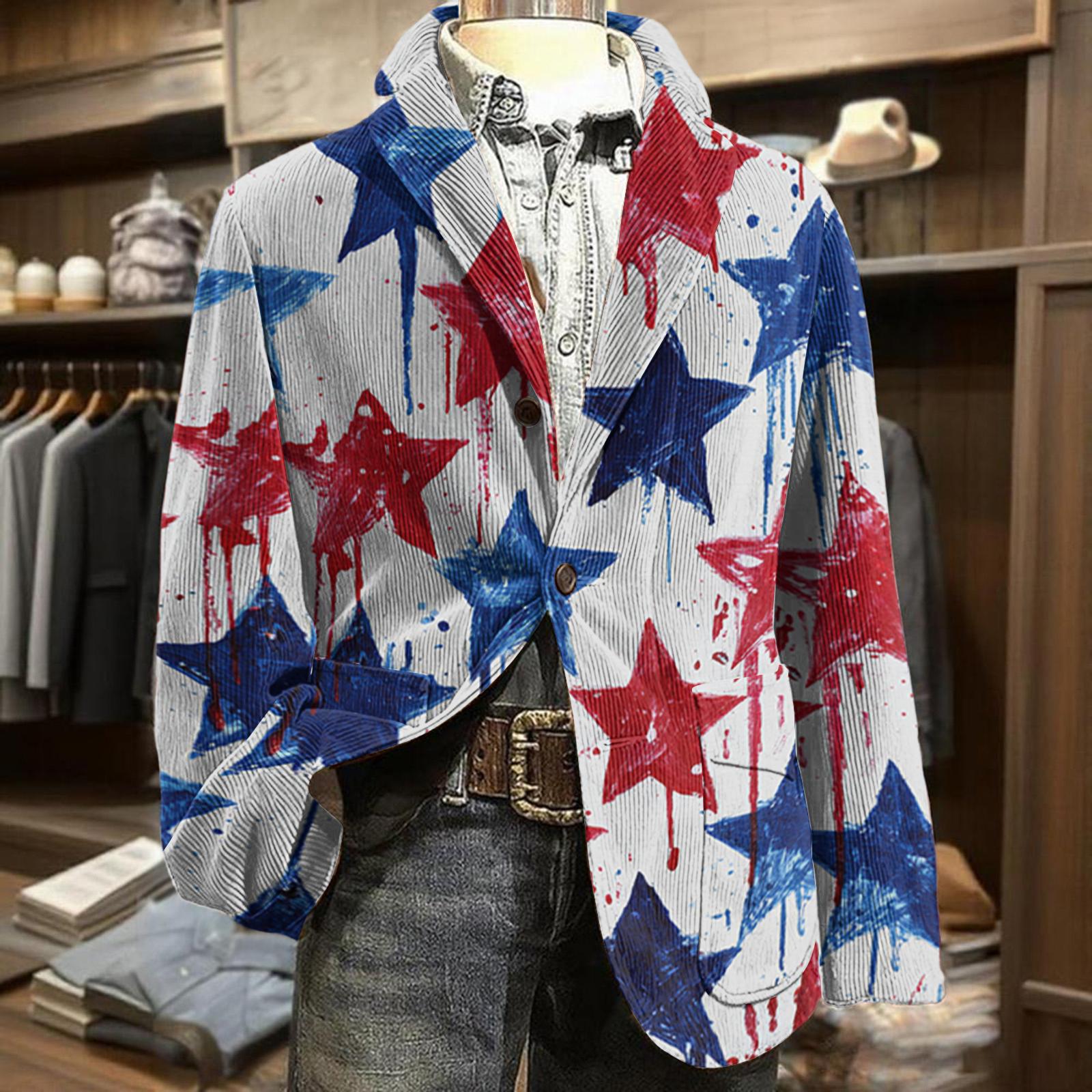 

Men Corduroy Blazer Business Casual Suit Jacket with Star Stripe Print Notched Lapel Single Breasted Two Button Design XXL