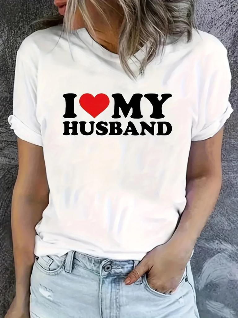 Stretch Crew Neck Top for Chic Summer Style Womens EasyCare Heart Husband Print Comfy