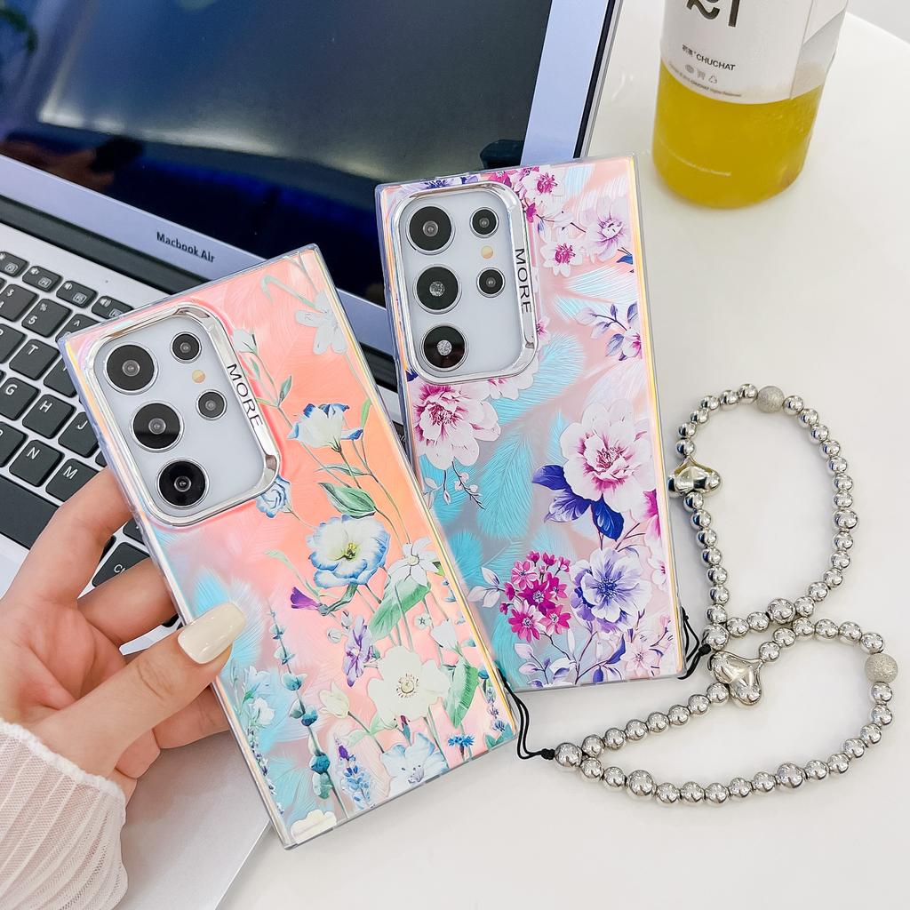Flowers Suitable for Samsung S25ultra Mobile Phone Case S24Plus Electroplated Laser A56 with Pearl Bracelet Protective Cover
