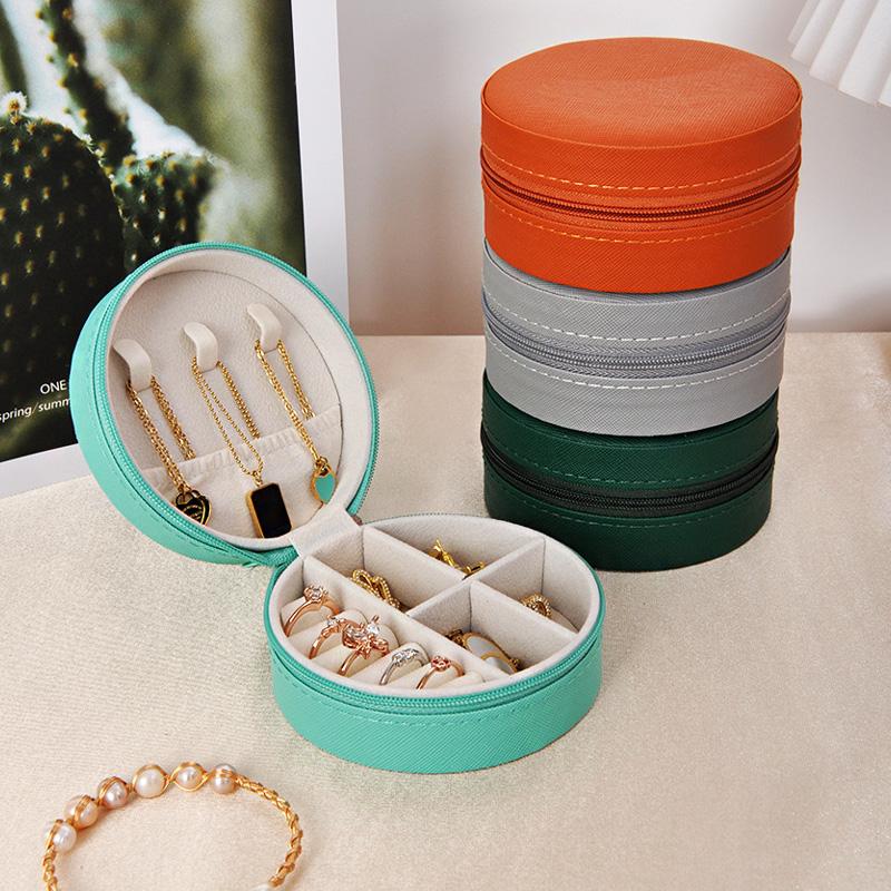 1PC Soft Lining Rings Anti-Scratch for Travel & Gifting Round Portable PU Leather Earrings Jewelry Box Multi-Functional