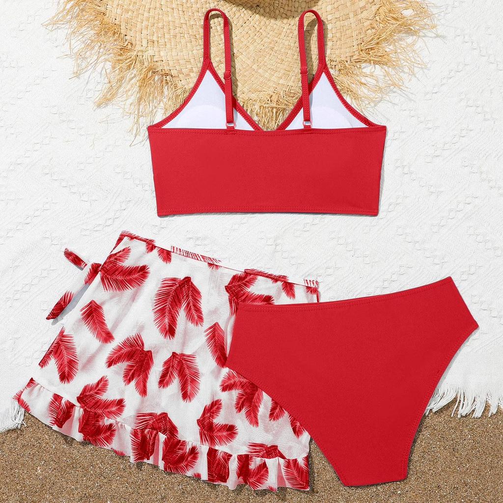 Girls Two Piece Swimsuit Set Adjustable Straps Bikini Top High Waist Bottom with Ruffle Skirt Cover Up Lightweight Swimwear for Kids