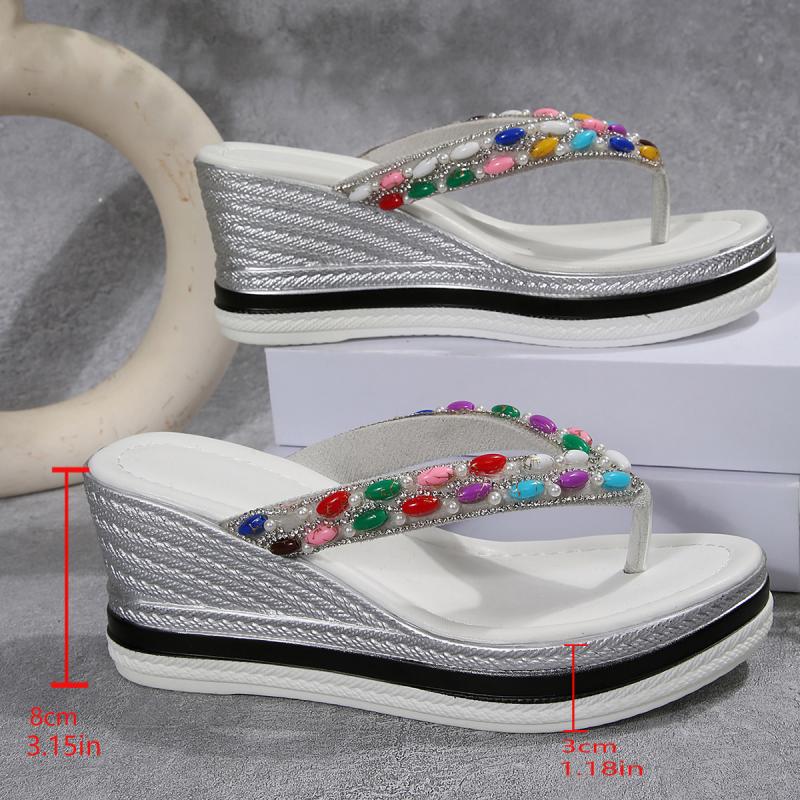 Fashion Luxury Colored Bead Strap Wedge Heel Flip Flops Women Summer Round Toe Chunky Platform High Heel Slippers Sexy Beach Sandals