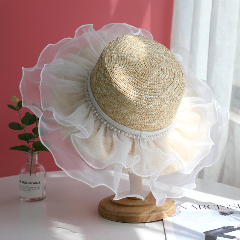 

Летняя шляпа из жемчужного кружева и сетки, женская соломенная шляпа, уличная фотосъемка, стилизация, пляжная шляпа, элегантная шляпа с плоским верхом adult (55-59cm)