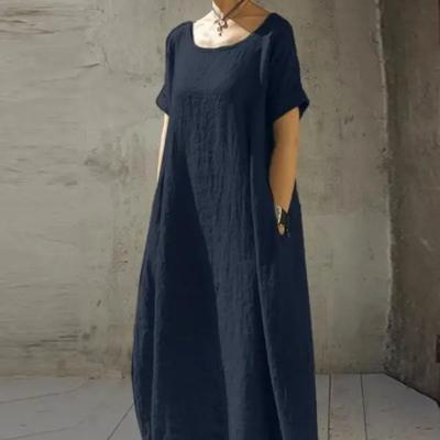 Plus-size Solid Color Round Neck Short Sleeve Belted Slit Dress