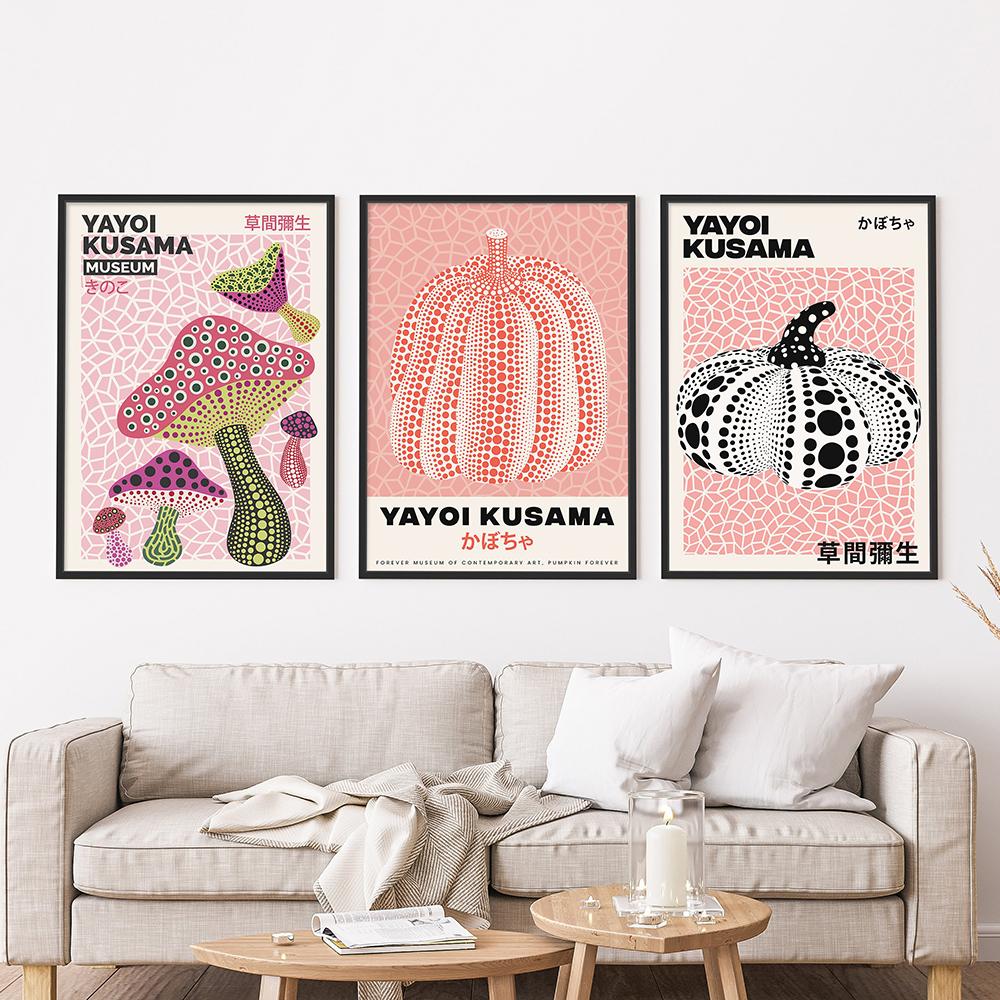 Yayoi Kusama Exhibition Poster Mushrooms Pumpkin Print Wall Decoration Japanese Vintage Canvas Painting Home Decor