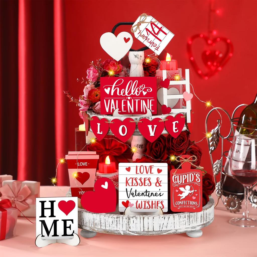 Trendy Heart Shaped Tabletop Decor Romantic 17 Piece Wooden Sign Chic Multi Layer Valentine Themed Party Ornament