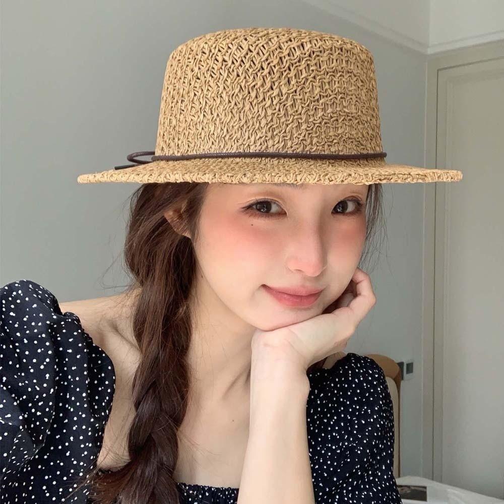 Breathable Mesh Handwoven Sun Cap With Bow Flat Top Beach Hat Straw Boater Hat Garden Tea Party