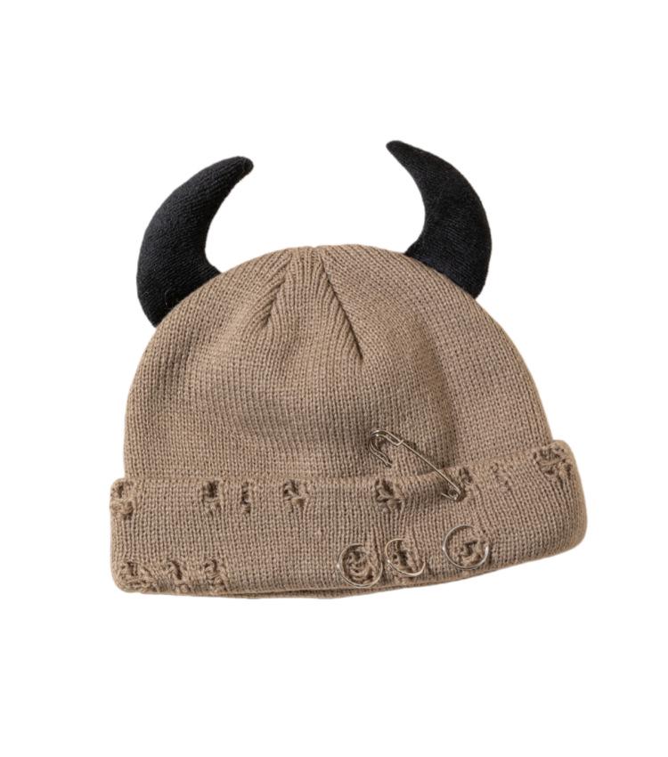 Korean Horn Button Wool Beanie with Devil Ears - Unisex Spring/Autumn Hat