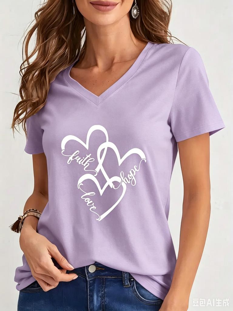 Funny Love 3D Print Women's T-Shirts Fashion V-neck Short Sleeve Tops Daily Casual Girl T shirt Summer Loose Tee Ladies Clothing