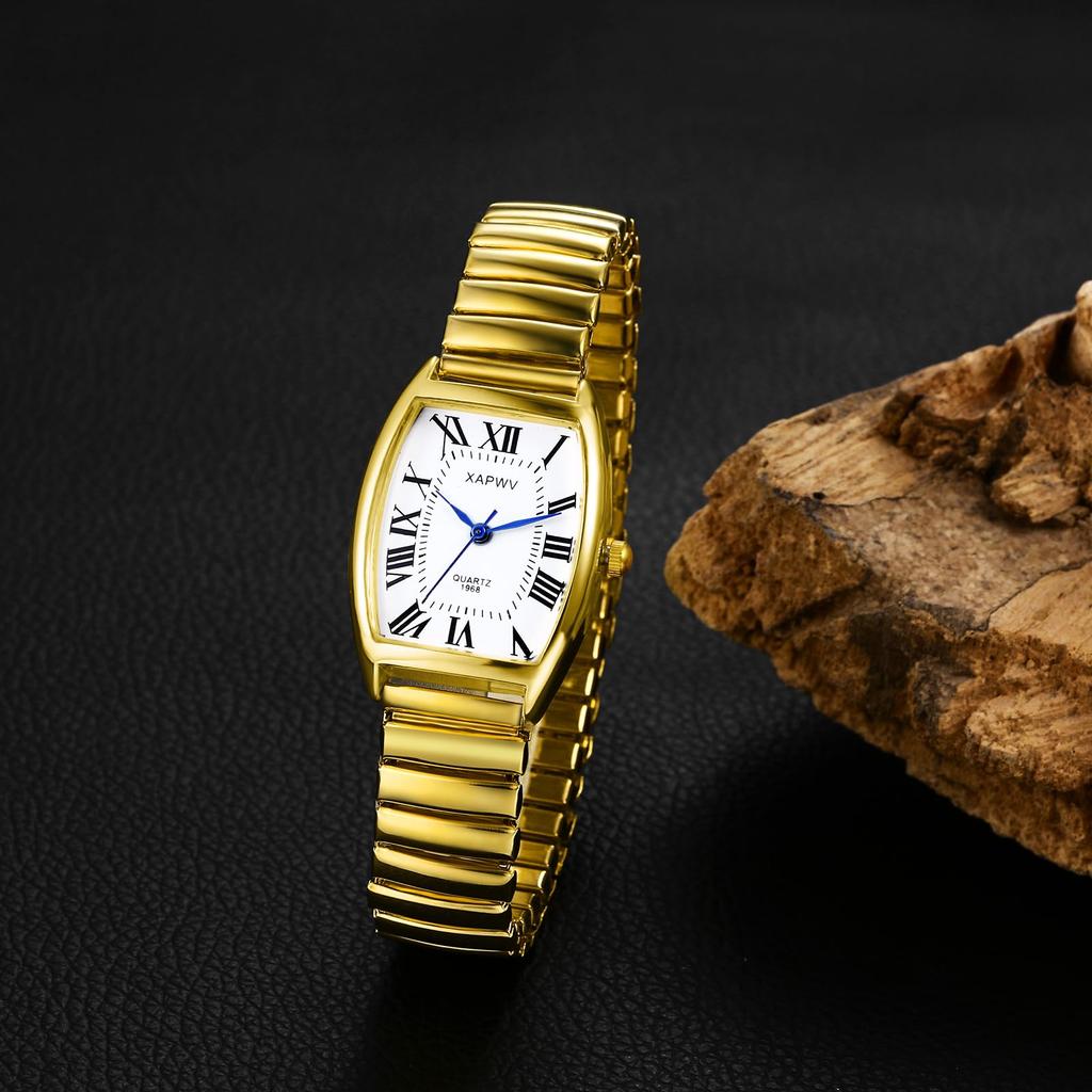 Stainless Steel Roman Alphabet Analog Display Square Design Waterproof Simple Quartz Watch Adjustable Length Fashion Watch Gold Perfect Gift for Day