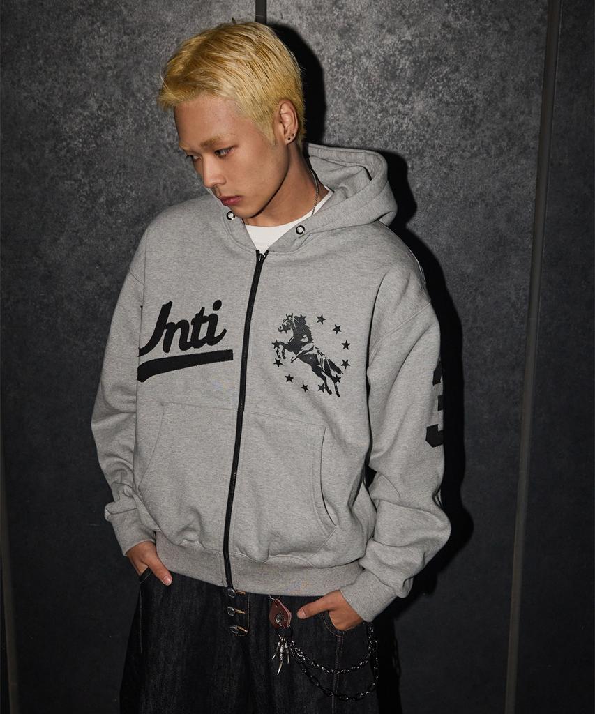Untitled Seoul Unicorn Varsity Emblem Zip-Up Hoodie Gray