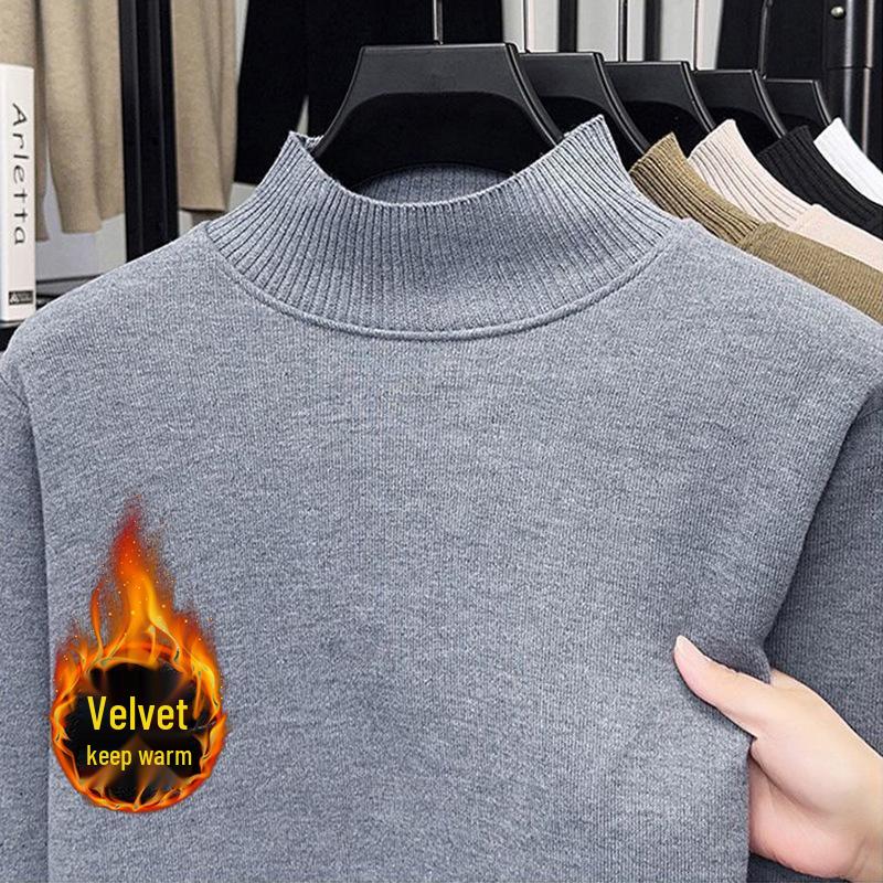 Men's Black Fleece Half-High Neck Sweater, Autumn/Winter Layer, Boys' Base Layer Knitwear
