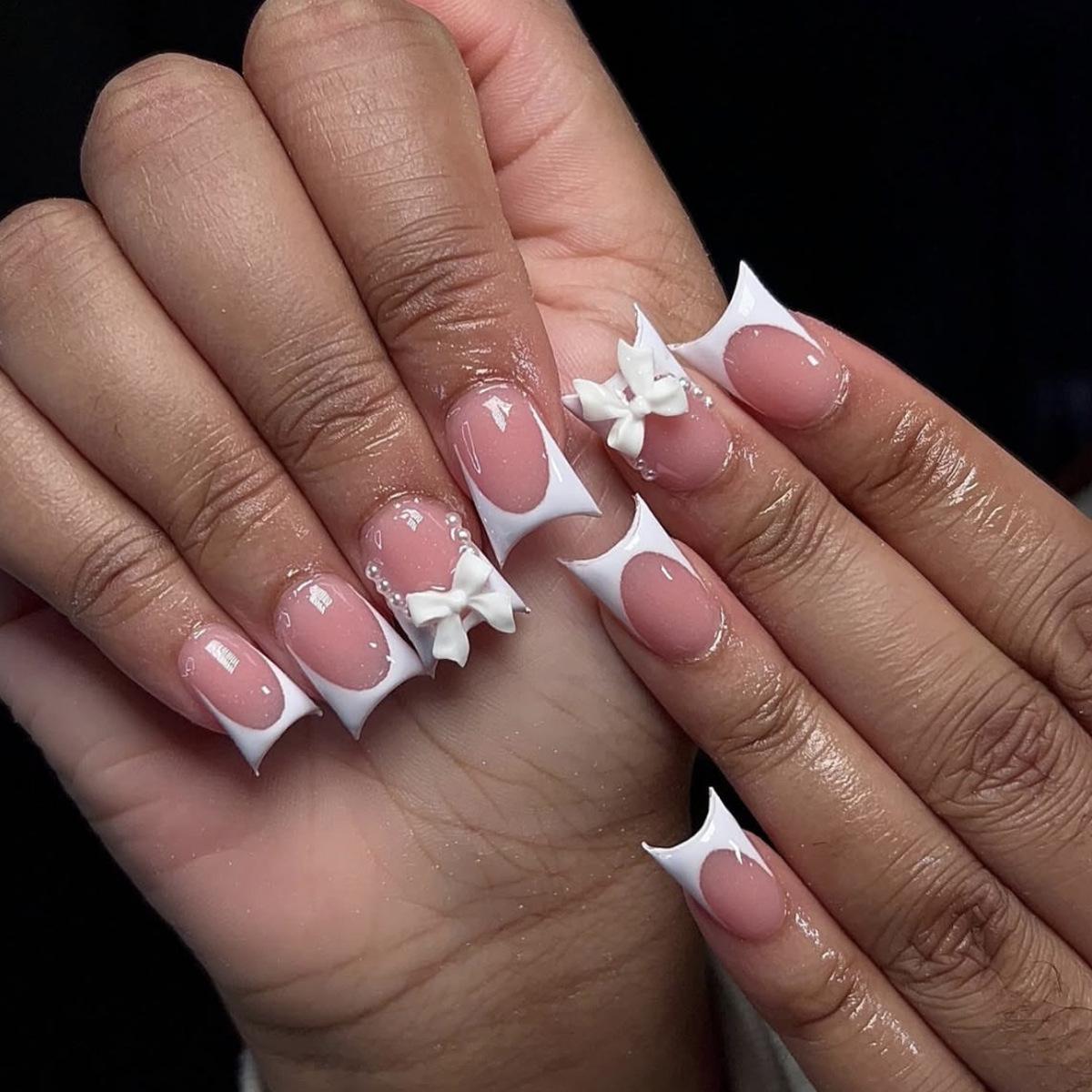 

Duckbill Style White French Tip Press-On Nails with Pearl Bow