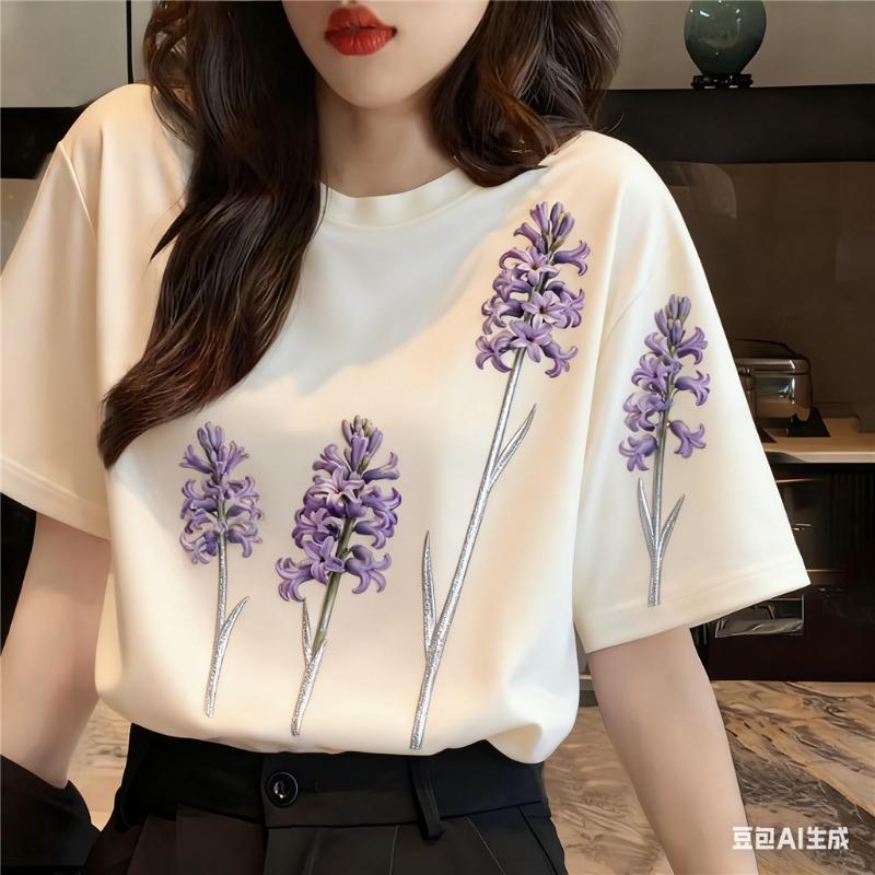 Women's T-shirt Plant Flower Round Neck Short Sleeved Summer Casual Top