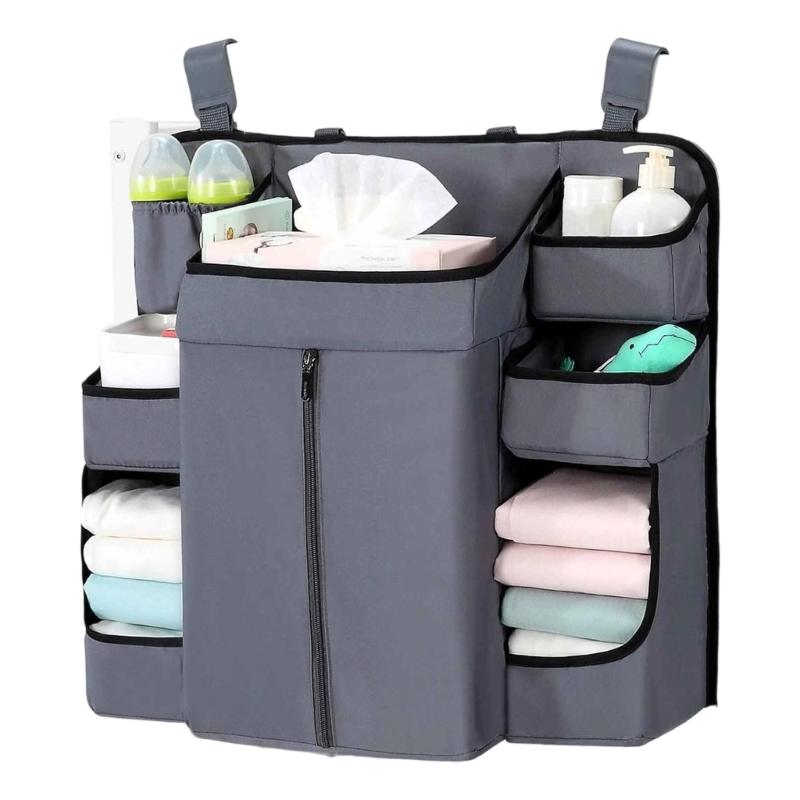 Baby Crib Hanging Organizers 6 Compartments Large Zippered Pocket Durable Fabric Nursery Storage Solution