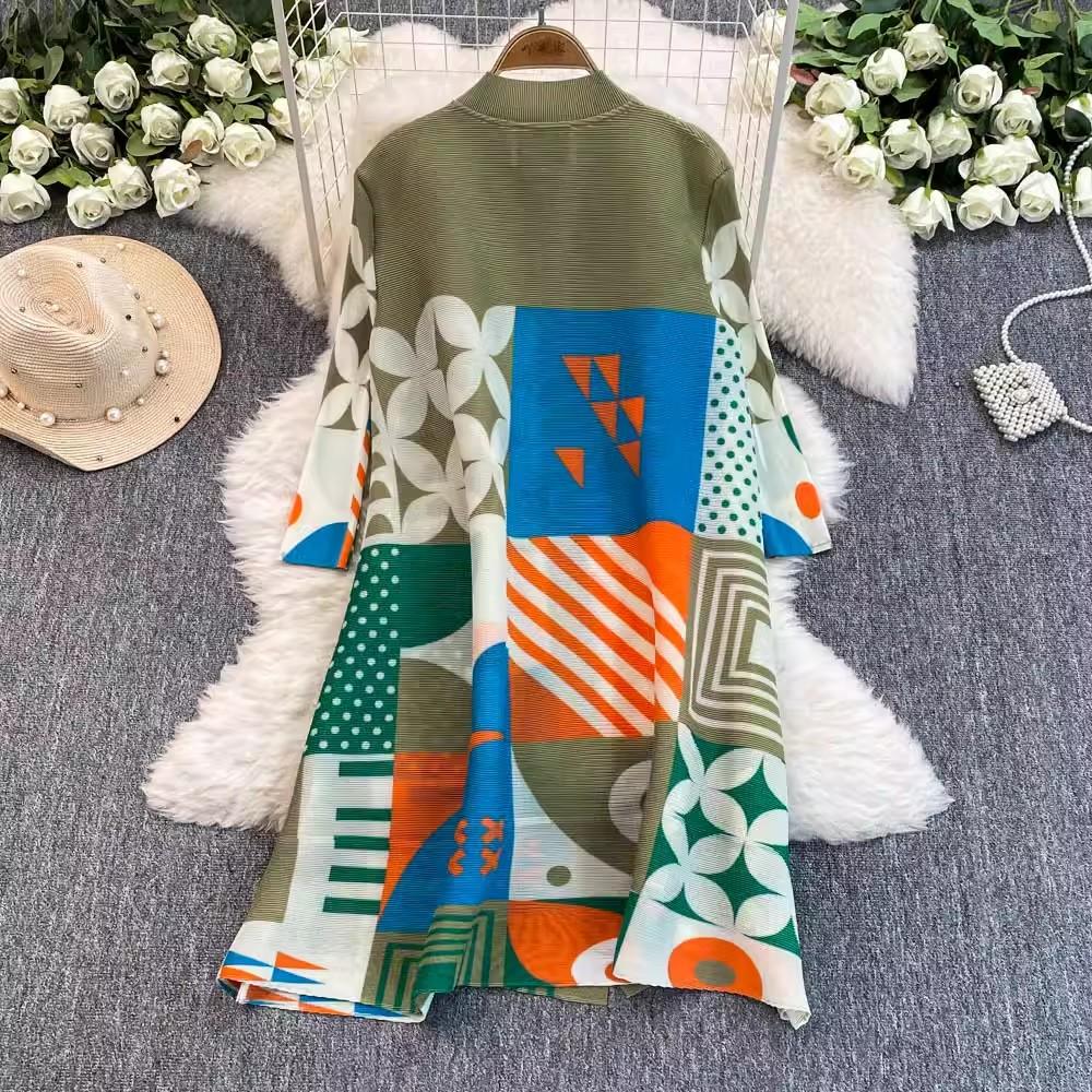 Autumn Spring Fashion Print Colorblock Oversized Loose Shirt Dresses Women's Single Breasted Draped Pleated Party Miyake Clothing