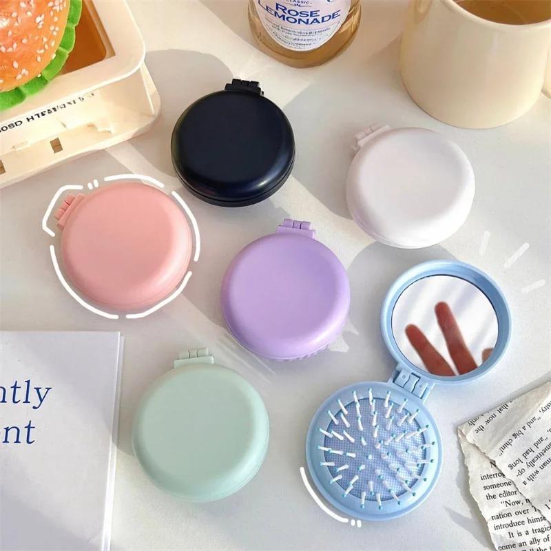 Solid Color Folding Comb with Makeup Mirror Traveling Portable Small Massage Comb Women Girl Air Cushion Hair Brush Styling Tool