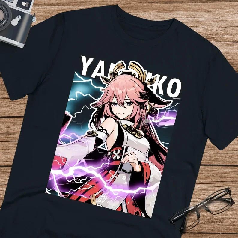 Anime Yae Miko Genshin Impact T Shirt Size S 4XL Black Size S 4XL