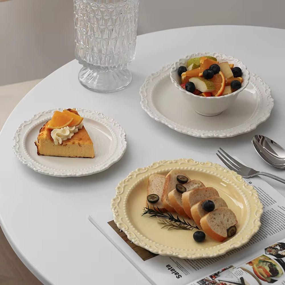 Embossed Design Ceramic Dessert Plate Round Shape Western Dining Tableware Household Use