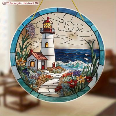 Bay Lighthouse Sunrise Sunset Stained Art Window Decor, Sun Catcher, Sunshade, Best Gift for Family, Acrylic Round Garland Sign