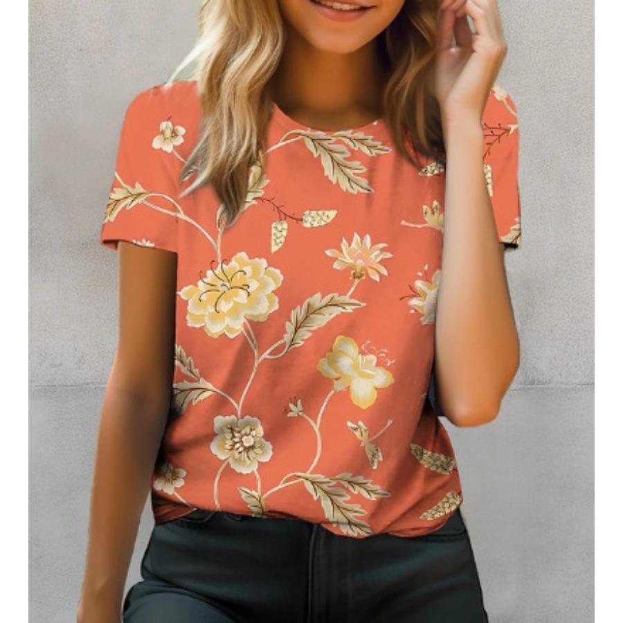 

Футболка с цветочным 3D принтом, летняя женская одежда, топы с круглым вырезом, повседневные футболки с короткими рукавами 2XL