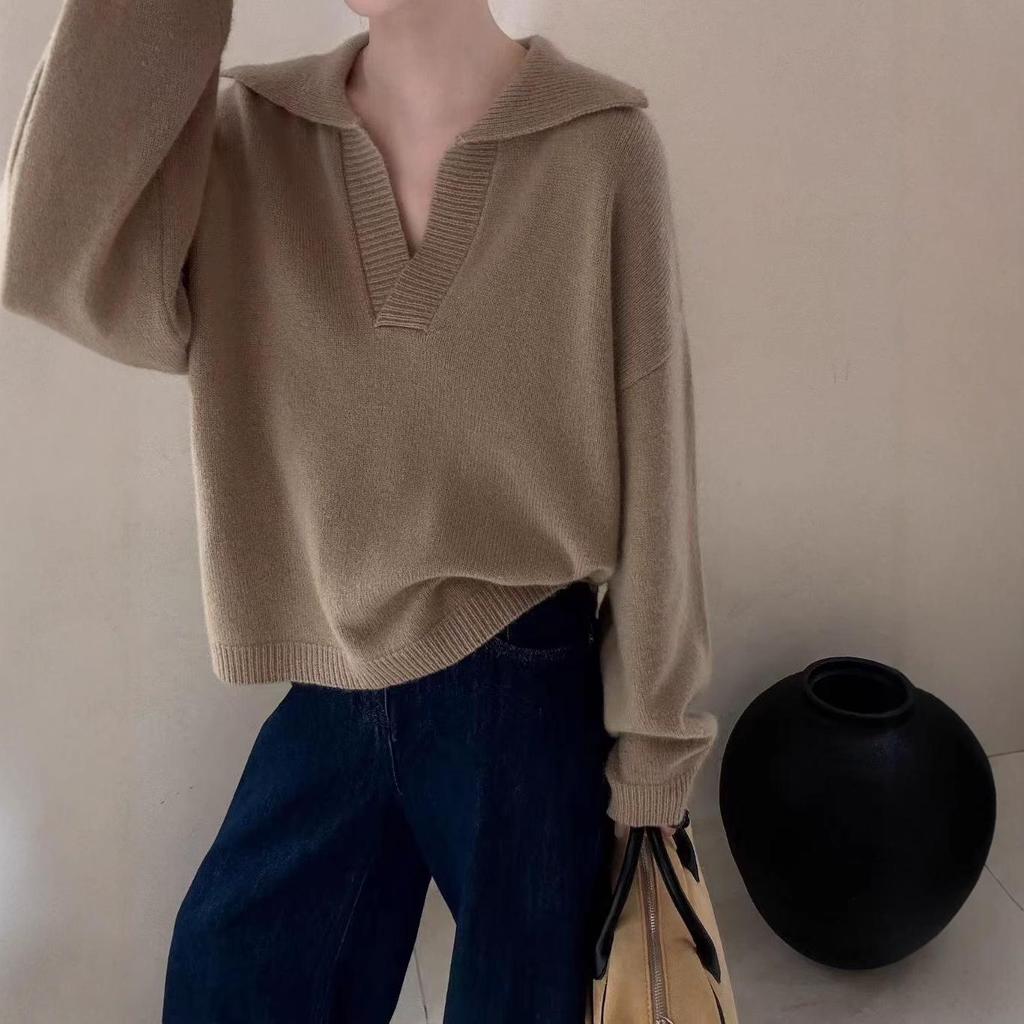 Old Money Style Women's Loose Wool Polo Neck Sweater - Autumn/Winter Knit Top