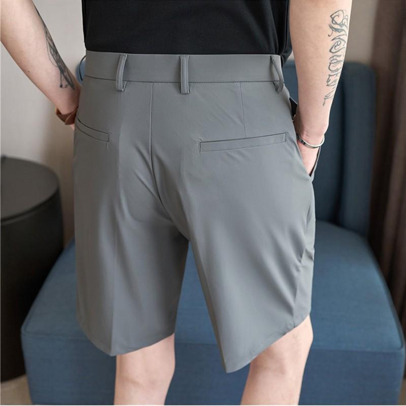 Summer Men's Suit Shorts Straight Fit Stretch Knee-Length Short Pants Solid Ice Silk Lightweight Breathable Casual Shorts Man