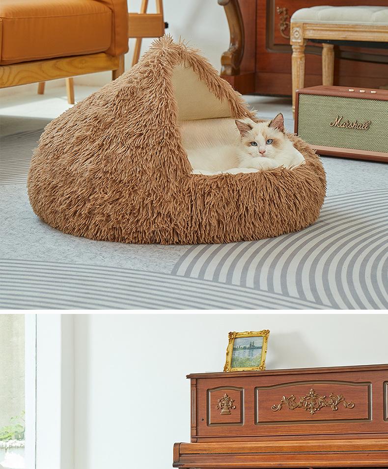 Cozy Plush Cat and Dog Bed: Year-Round Semi-Enclosed Shell Design for Warmth and Comfort